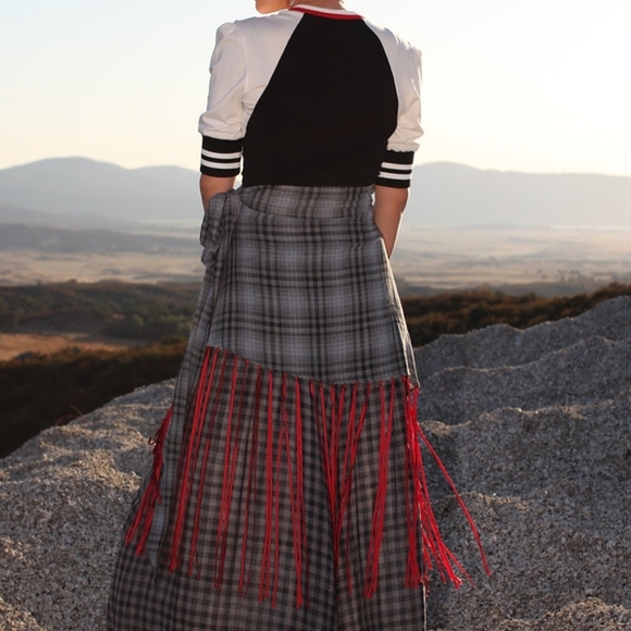Jamie Okuma Maxi Skirt with Red Fringe Indigenous Designer Medium 28.5" Waist - Picture 2 of 4